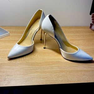 White patent leather heels